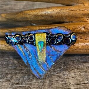 Elegant Blue and Gold Artistic Dichroic Glass Brooch
